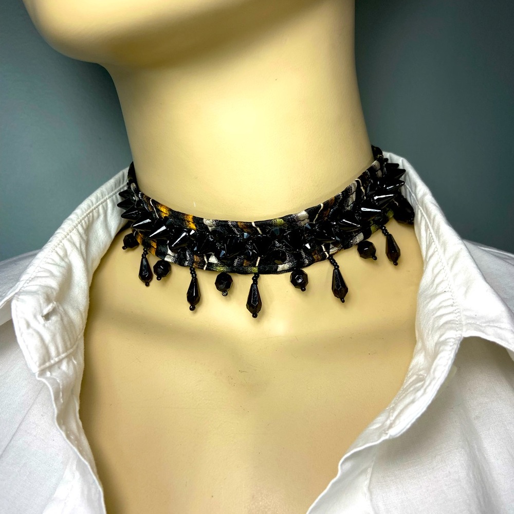 One of a kind,Upcycled silk Mens tie sexy choker,with Bead and spike Stud trim